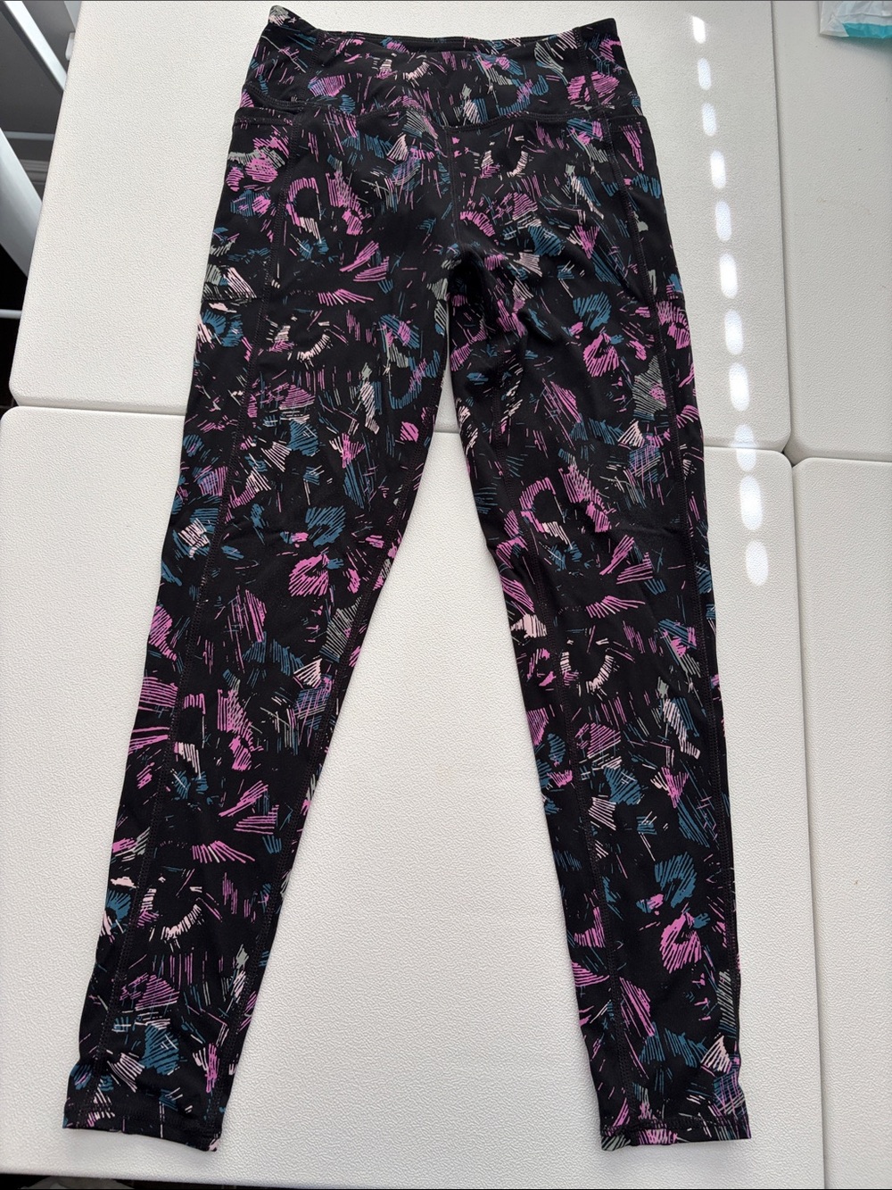 Zella Girl Black Leggings with Pink, Blue & White Abstract Accents